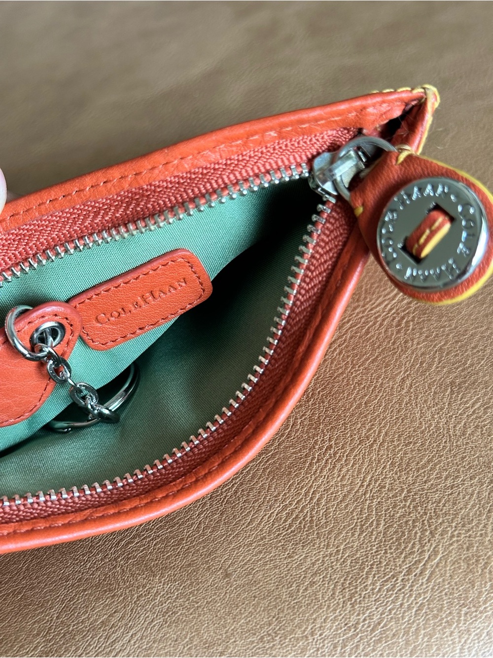 Vintage Cole Haan Pebbled Leather Zip Coin Purse & Key Pouch | Coral Orange - Picture 6 of 8